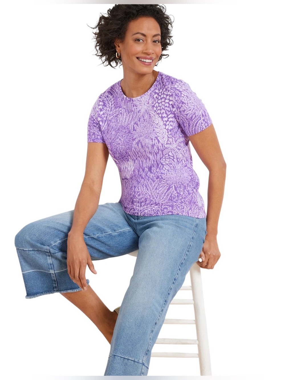 Talbots Purple Botanical-Print Short-Sleeve Tee Sz/L NWT.